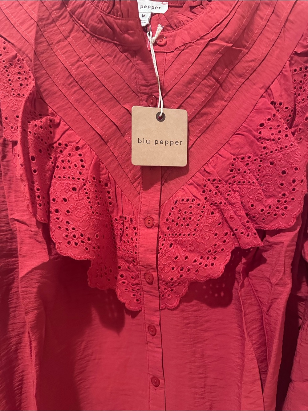 Blu Pepper Red Eyelet Ruffle Button-Front Blouse - Picture 3 of 6